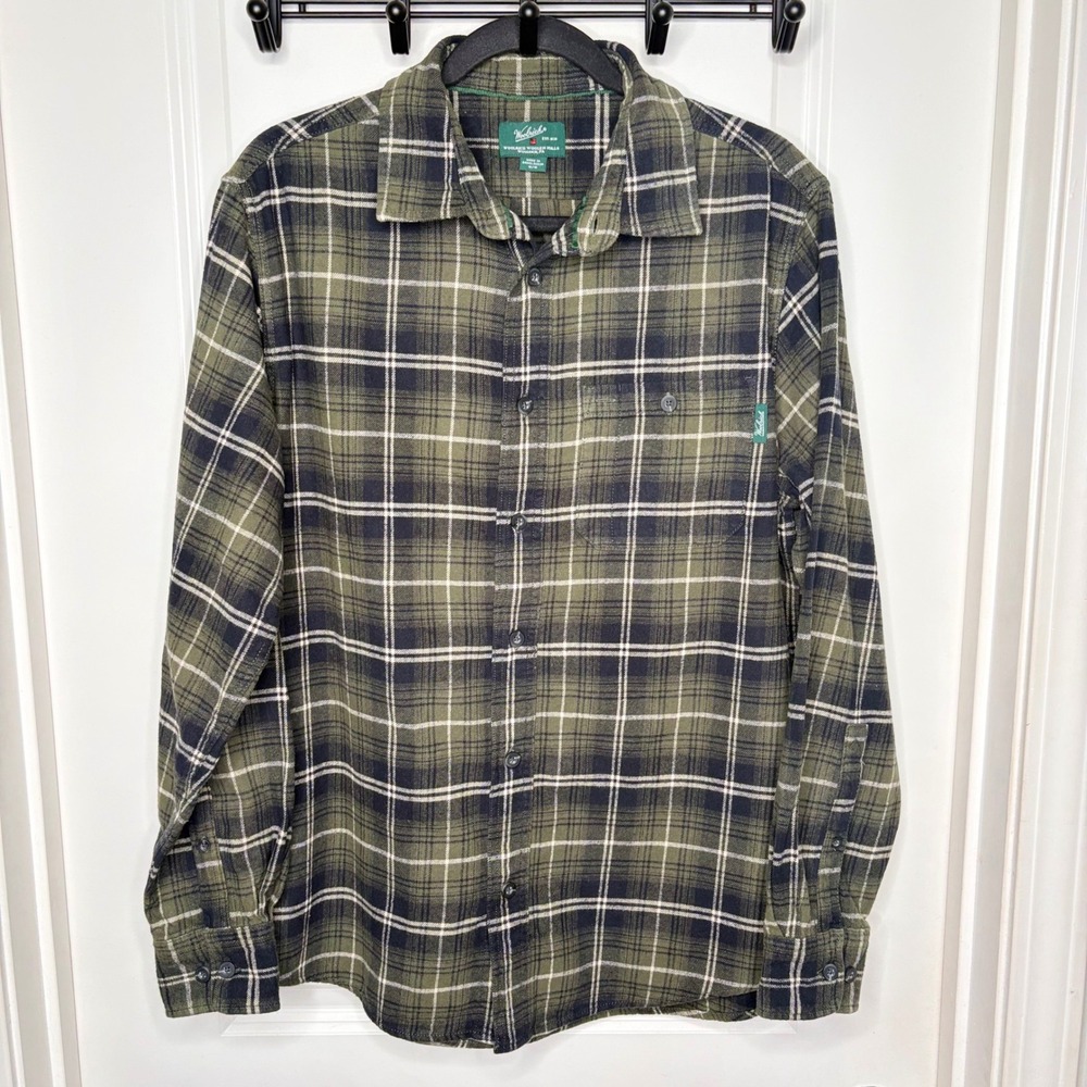 Woolrich Shirt Mens Medium‎ Plaid Flannel Button Down Green Blue 100% Cotton